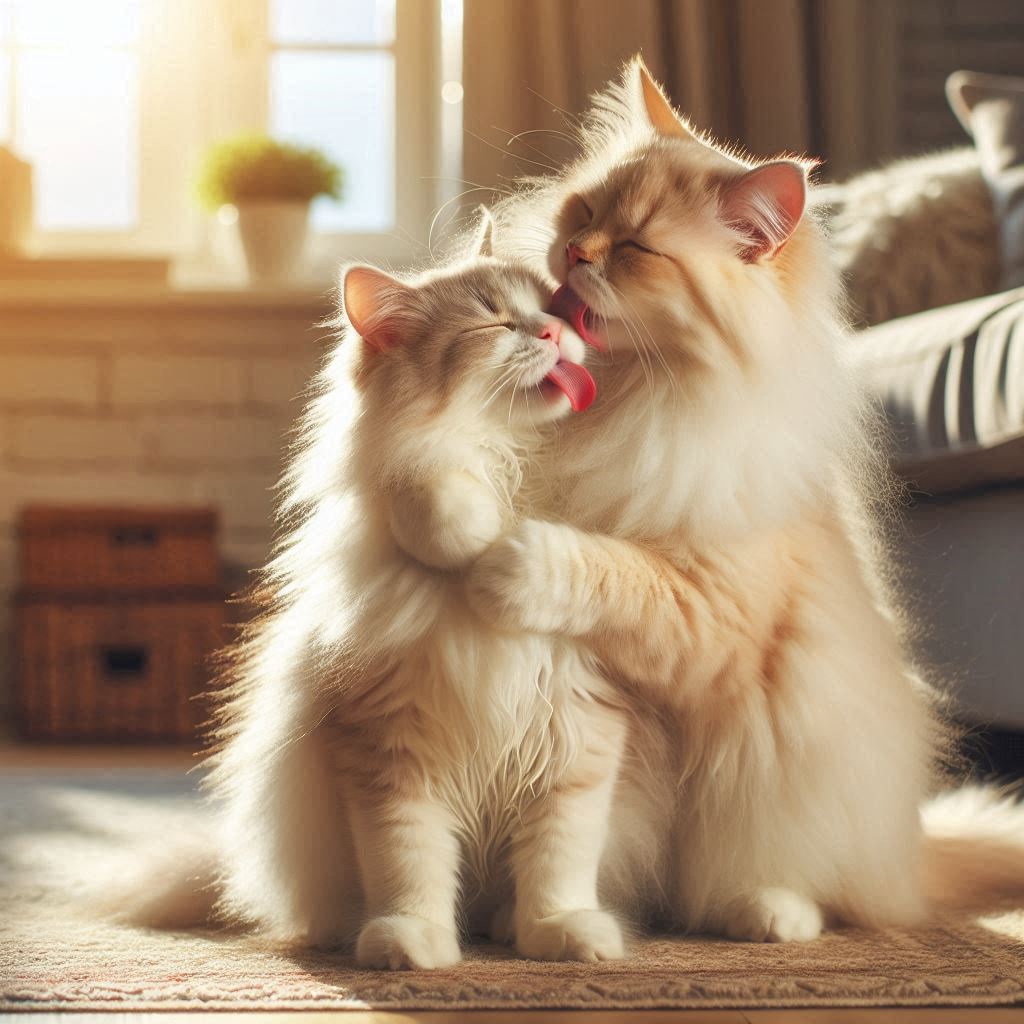 Cats lick each other