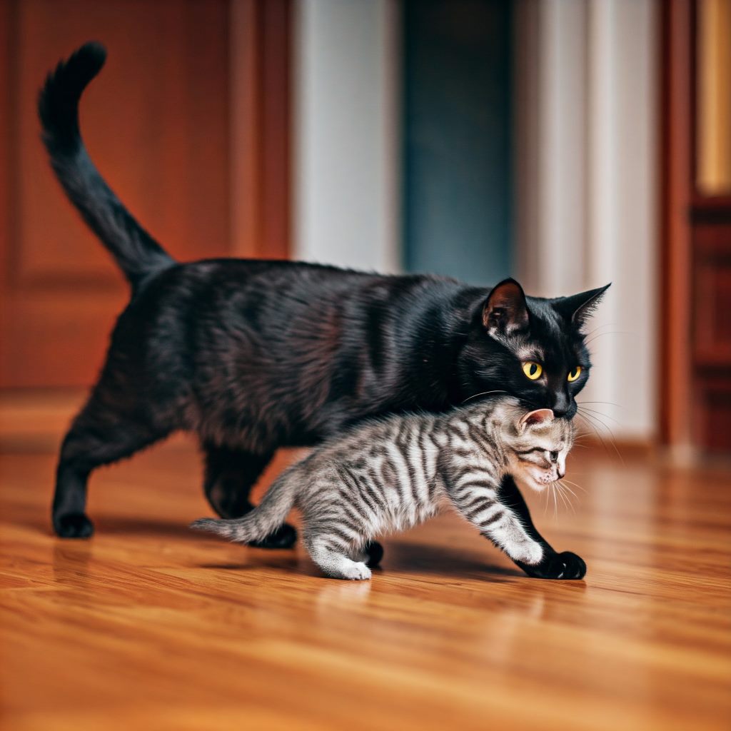 Cat holding One Kitten in mouth and moving